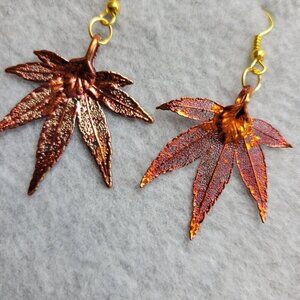 Bronze Tone Leaf Earrings Natures Jewelry Japanese Maple Dangle Fish Hook Unique